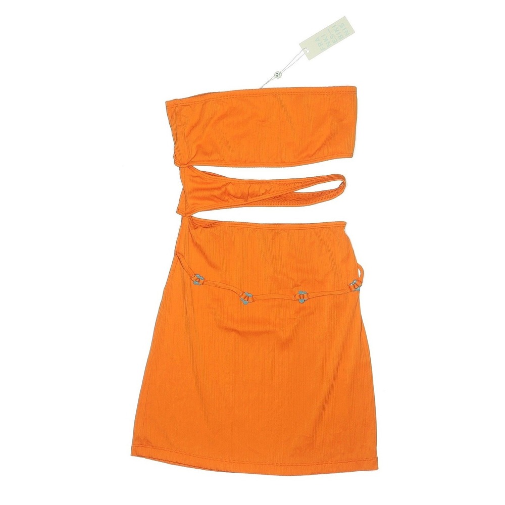 NWT Frankies Bikinis Richie Plisse‎ Dress Orange Cut Out Strapless Mini Size M - Picture 2 of 5
